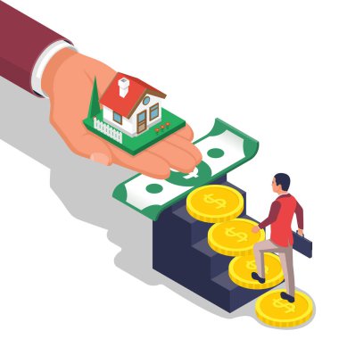 Bir kişi konuta yatırım yapar. Evin ödemesi. Para merdiveni bir metafor. Bir daire satın almak. Mülk almak. Vektör illüstrasyon izometrik tasarım tarzı. Satılık şablon, kiralık ev.