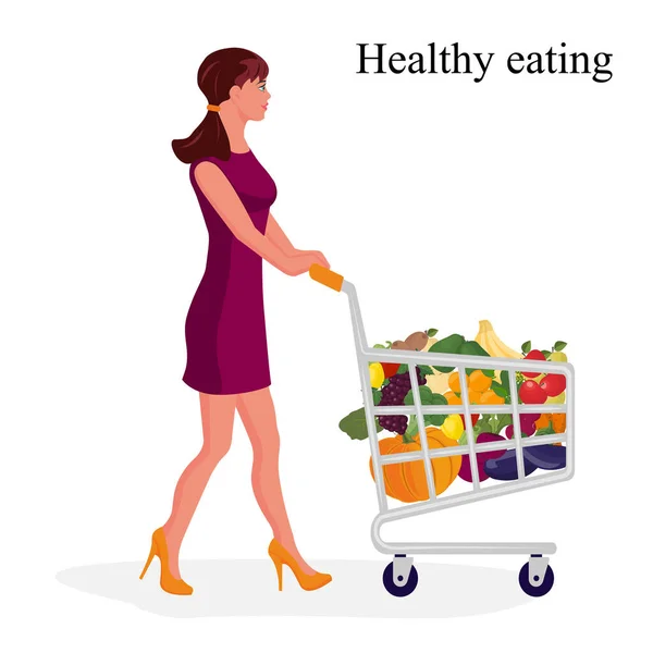 Beautiful Slender Girl Woman Shopping Grocery Supermarket Carrying Shopping Cart — Stock Vector