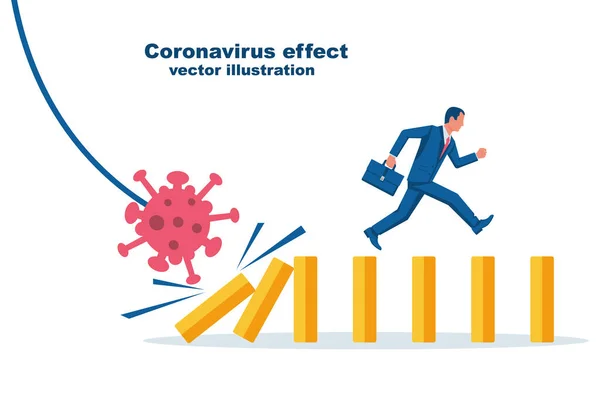 Vírus hatás koncepció. A Coronavirus baktériumok egy darab dominót nyomnak. — Stock Vector