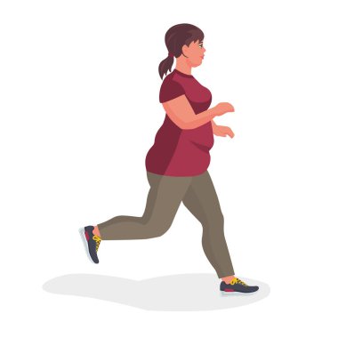 Şişman kadın koşuyor. Spor için ve kilo vermek için uygun. Vektör illüstrasyonu.