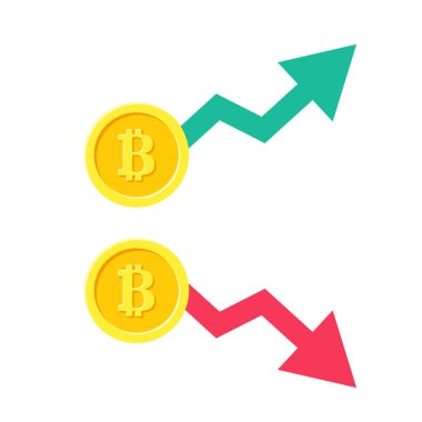 Kripto para biriminin yükselme ve düşüşü. Bitcoin 'in büyümesi. Yükselen oklu altın bitcoin. Kripto para birimi. Kârlı yatırım şablonu. Hızlı e-para artışı. Vektör düz tasarımı.