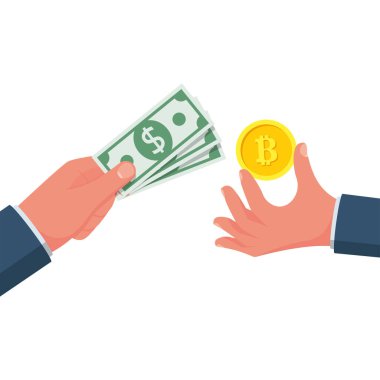 Bitcoin dolar değişimi konsepti. Geleceğin mali işlemleri. Sanal finans piyasası. Dolar olarak değiştir. Vektör düz tasarım. Arka planda izole edilmiş. Şifreleme para biriminden çekiliyor.