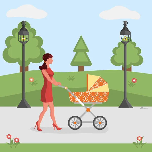Une Femme Avec Une Poussette Marche Dans Parc Illustrateur Vectoriel — Image vectorielle