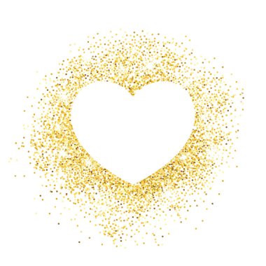 Parıltılı altın tozu. Beyaz kağıt bir kalp şeklinde, yazı için yer. Sevgililer Günü geçmişi. Sevgililer günün kutlu olsun. Vektör çizimi. Tatil için parlak şablon.
