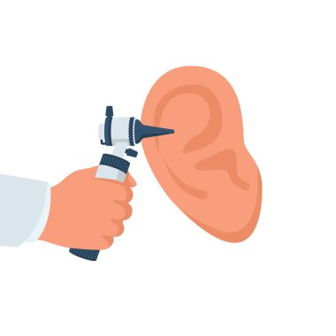 Doktor otoskopa bakıyor. Profesyonel bir göz doktoru hasta bir hastayı muayene eder. Klinik çizim şablonu. Tıbbi muayene. Vektör çizimi düz tasarım. Teşhis ekipmanları.