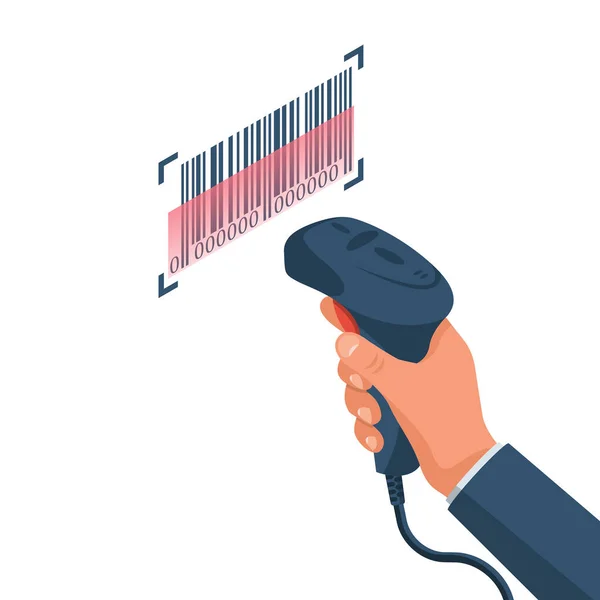 Operator Holds Barcode Scanner Hand Barcode Isolated Equipment Accounting Goods — Stock Vector