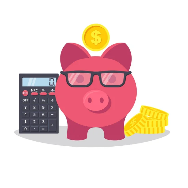 聪明的小猪银行 粉色猪与眼镜和一堆硬币和计算器 累积硬币的计算 计算储蓄 用现金存钱 矢量插画平面设计 — 图库矢量图片