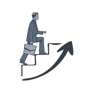 İşadamı kariyer basamaklarını tırmanıyor. Kavram geliştirme. Vektör illüstrasyon tasarımı. Arka planda izole edilmiş. Adım adım. Evrak çantalı bir insan merdivenlerden aşağı koşuyor..