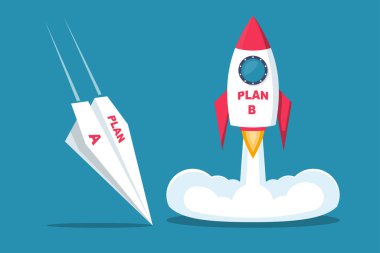 B planının başlatılması. İş metaforu. A planı ve B planı. Vektör çizimi düz tasarım. Başarı çözümü ve başarısızlık. Kağıt uçak düşer, roket havalanır..