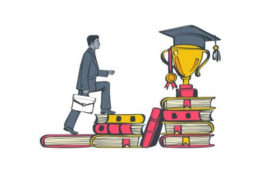 Eğitim konsepti. Bir öğrenci bir fincan ve mezuniyet şapkasıyla kitap basamaklarını tırmanır. Vektör çizimi düz tasarım. Beyaz arkaplanda izole.