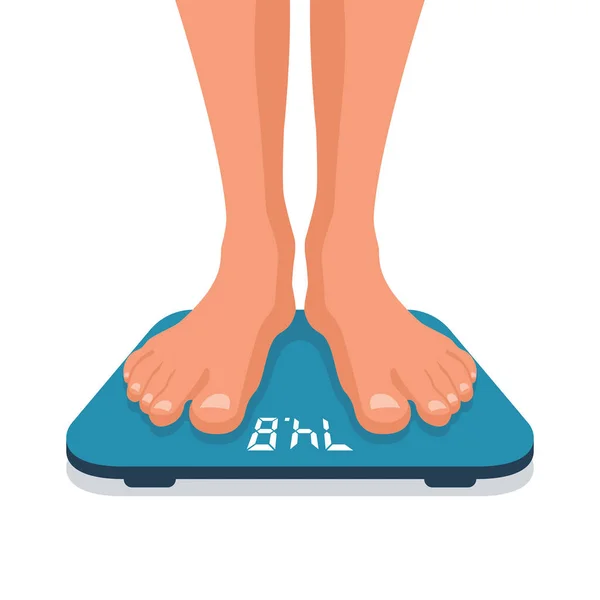 体重計に立っている男 体重計の男の足 人間は重さがある 体重計のボディ ベクトルイラストフラットデザイン 白い背景に隔離されている 太りすぎだ 健康的なライフスタイル — ストックベクタ