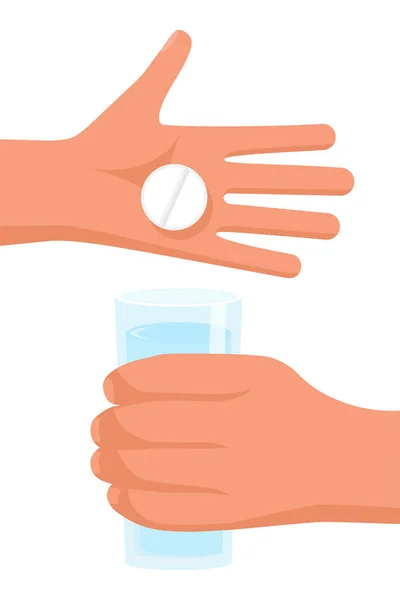Tar Mediciner Människan Håller Pillren Och Ett Glas Vatten Händerna — Stock vektor