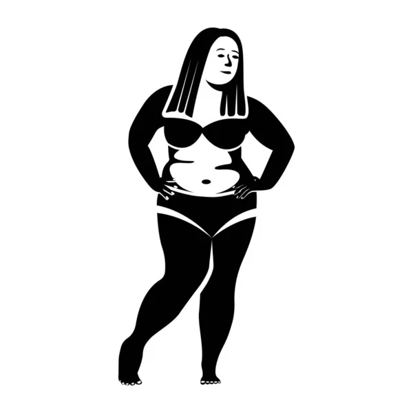 Black Silhouette Fat Woman Swimsuit Obese Beautiful Young Person Big — Stock Vector