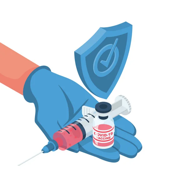 疫苗验尸官的概念 注射器 手握安培枪 瓶子里的药品从病毒中注射Covid 19实验室玻璃管里的样品 矢量图解等距3D设计 — 图库矢量图片