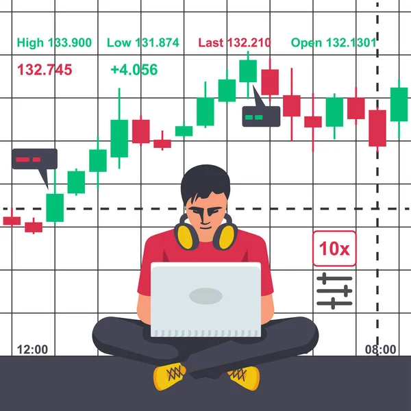 Jeune homme moderne avec des métiers d'ordinateur portable sur la bourse financière. — Image vectorielle