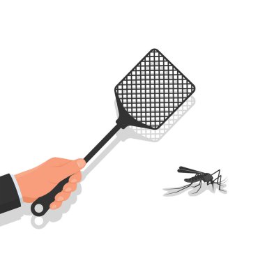 Mosquita 'yı öldür. Kırmızı tüy erkek ellerinde. Karton simgesi.