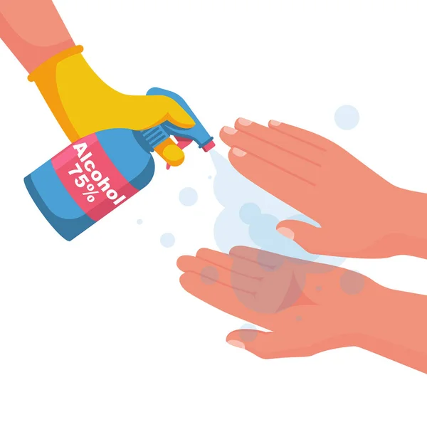 Spray antibactérien pour désinfection des mains. L'homme tient une bouteille d'antiseptique — Image vectorielle