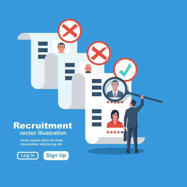 Rekryteringskoncept. Företagaren arbetsgivare sökning CV personal väljer kandidater — Stock vektor