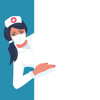 Koruyucu tıbbi maskeli doktor, boş tabela gösteriyor.