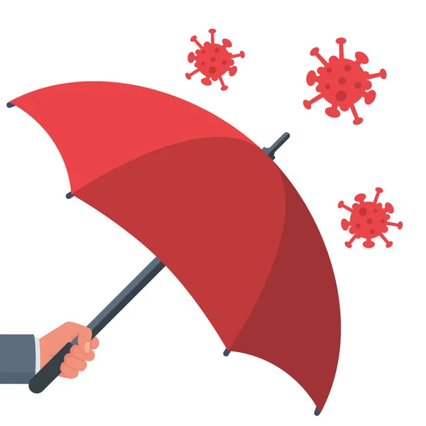 Proteggere il concetto di coronavirus. L'uomo in mano tiene un ombrello che protegge dai batteri del coronavirus Covid 2019 — Vettoriale Stock