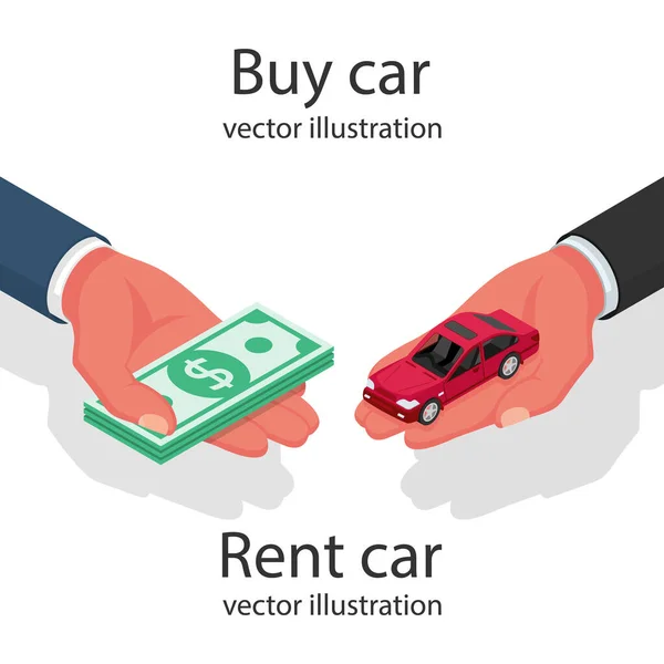 Buying or renting a car. Red car and money holding in hand — Archivo Imágenes Vectoriales