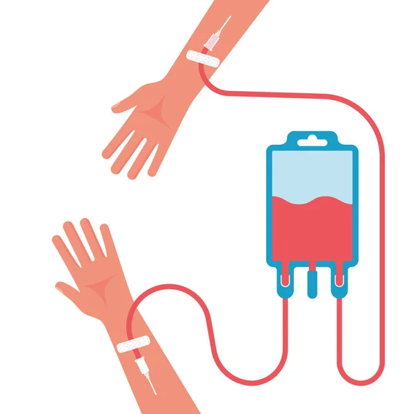 Concepto de donación de sangre. Transfusión de sangre con las manos en la mano — Vector de stock