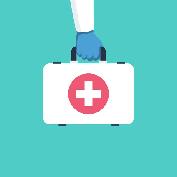 First aid kit flat icon. Doctor holds in hands. — Vetor de Stock