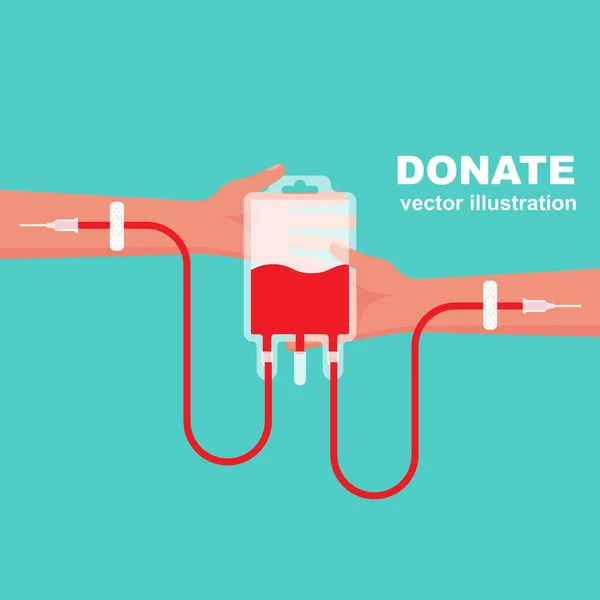 Concepto de donación de sangre. Transfusión de sangre con las manos en la mano — Vector de stock