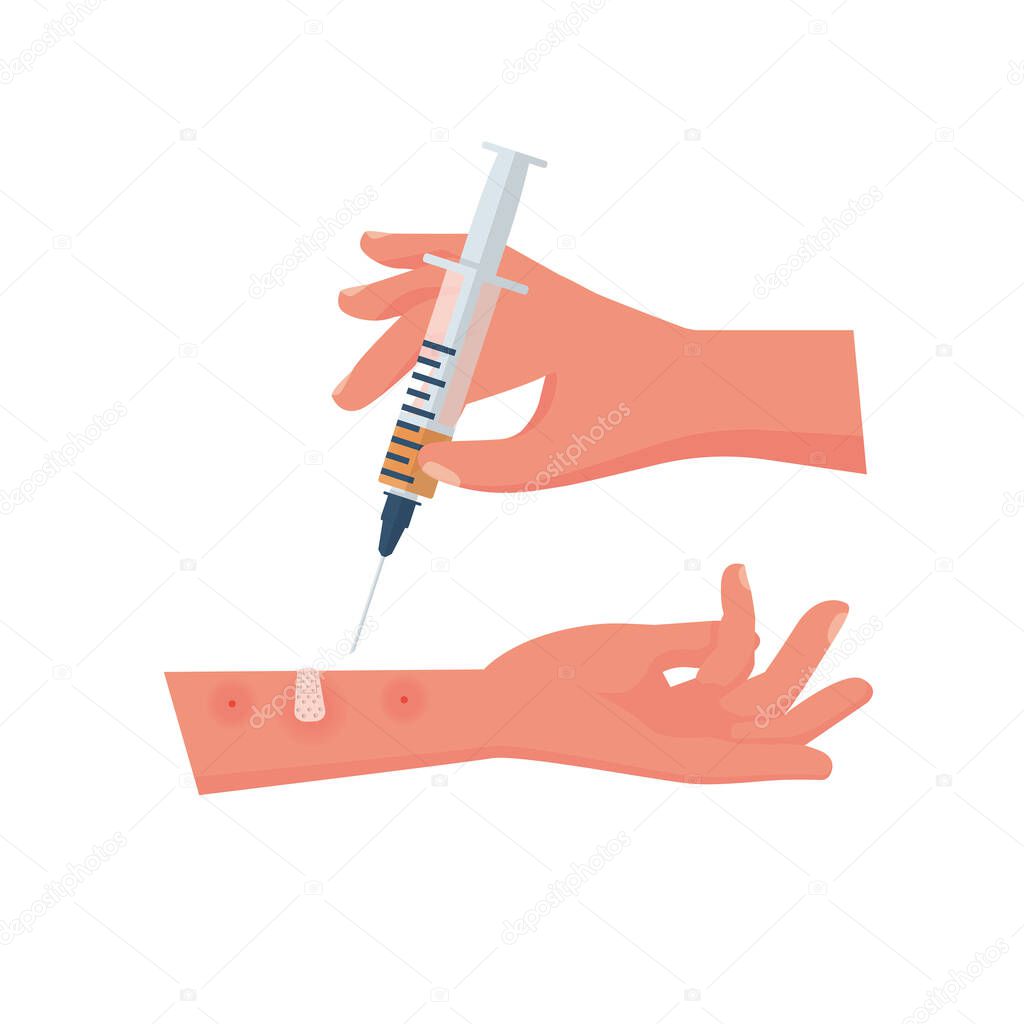Drug addict with syringe. Drug use, addiction to forbidden substances