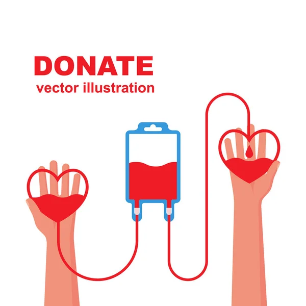 Concepto de donación de sangre. Transfusión de sangre con las manos en la mano. — Vector de stock