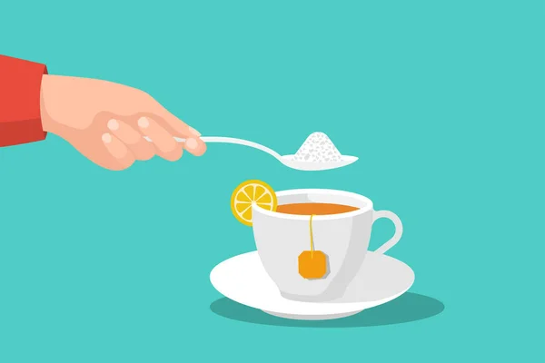 Azúcar en el té. Cuchara con azúcar en la mano del hombre. Té dulce — Vector de stock