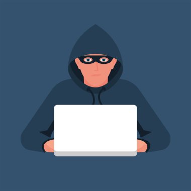 Dizüstü bilgisayar korsanı. Hacker saldırısı konsepti. Kişisel veri güvenliği