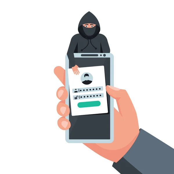 Cuenta hackeada. Smartphone en la mano — Vector de stock