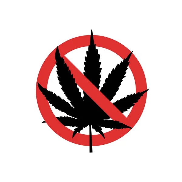 Rood bord Geen marihuana. Zwart silhouet dat bordje met marihuanablad verbiedt. — Stockvector