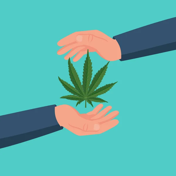 Marihuanabescherming. Een man houdt een blad cannabis in handen. — Stockvector