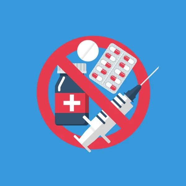 Inga piller röda tecken. Läkemedel, tabletter, spruta. — Stock vektor