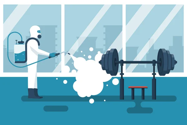 Disinfection gym. Cleaning fitness center. Prevention of covid 2019 — Stock Vector