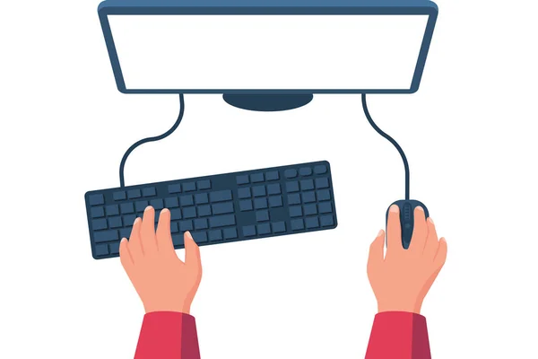 Pessoas a trabalhar no computador. Mãos no teclado e no mouse. — Vetor de Stock