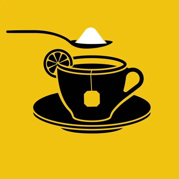 Cukor a tea fekete ikonjában. Sziluettkanál cukorral — Stock Vector