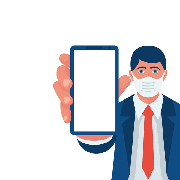 Бізнесмен у масці показує телефон з порожнім екраном — стоковий вектор