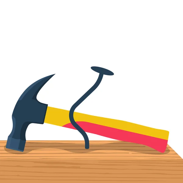 Coudé clou et marteau. Plaque en bois avec clou. — Image vectorielle