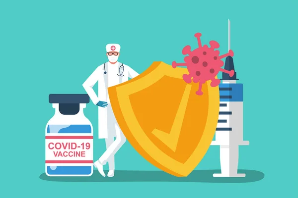 Doctor con escudo. Jeringa con ampolla y virus COVID-19 — Vector de stock