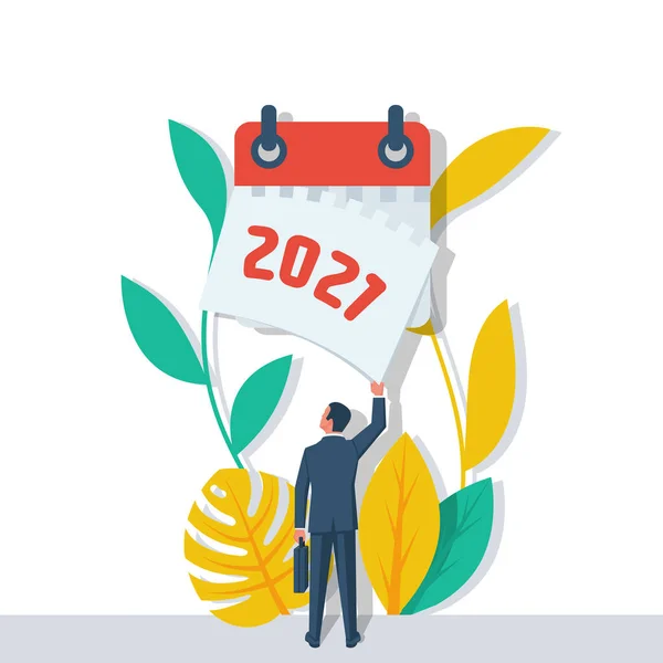 Auf Wiedersehen 2021. Ein Geschäftsmann reißt ein Kalenderblatt des abgelaufenen Jahres ab. — Stockvektor