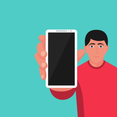 Genç adam telefonu gösteriyor. El vektöründe akıllı telefon