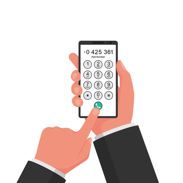 Vytočit číslo. Podnikatel drží chytrý telefon v rukou — Stockový vektor