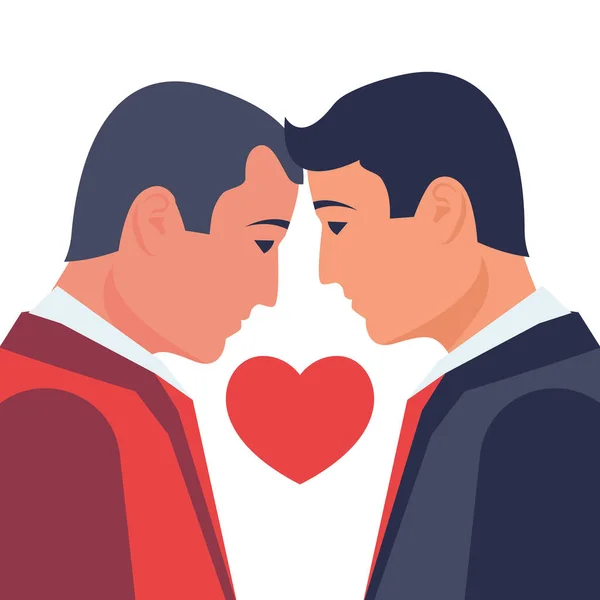 Two homosexuals bowed heads in a kiss. Same-sex marriage — Stock Vector