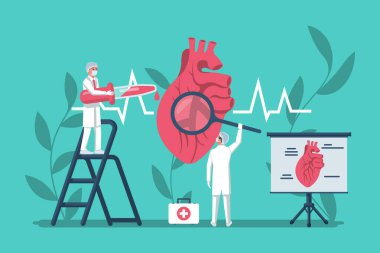 Kardiyoloji konsepti. Kardiyolog elinde büyüteç tutuyor, büyük insan kalbine bakıyor..