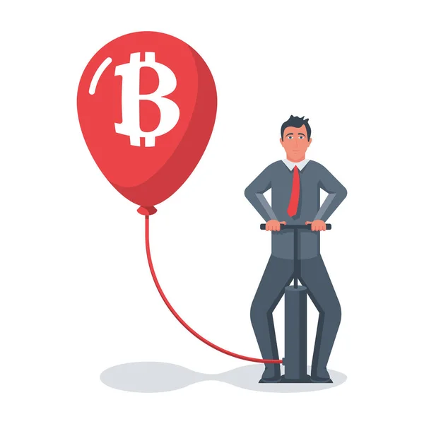 Uomo d'affari Pompa un palloncino con vettore simbolo Bitcoin — Vettoriale Stock