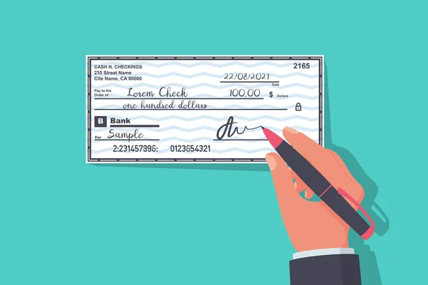 El hombre de negocios firma un cheque. Firma de un documento financiero. — Vector de stock