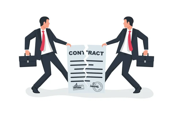La rupture d'un contrat. Deux hommes d'affaires tirent la corde, déchirant contrat. — Image vectorielle